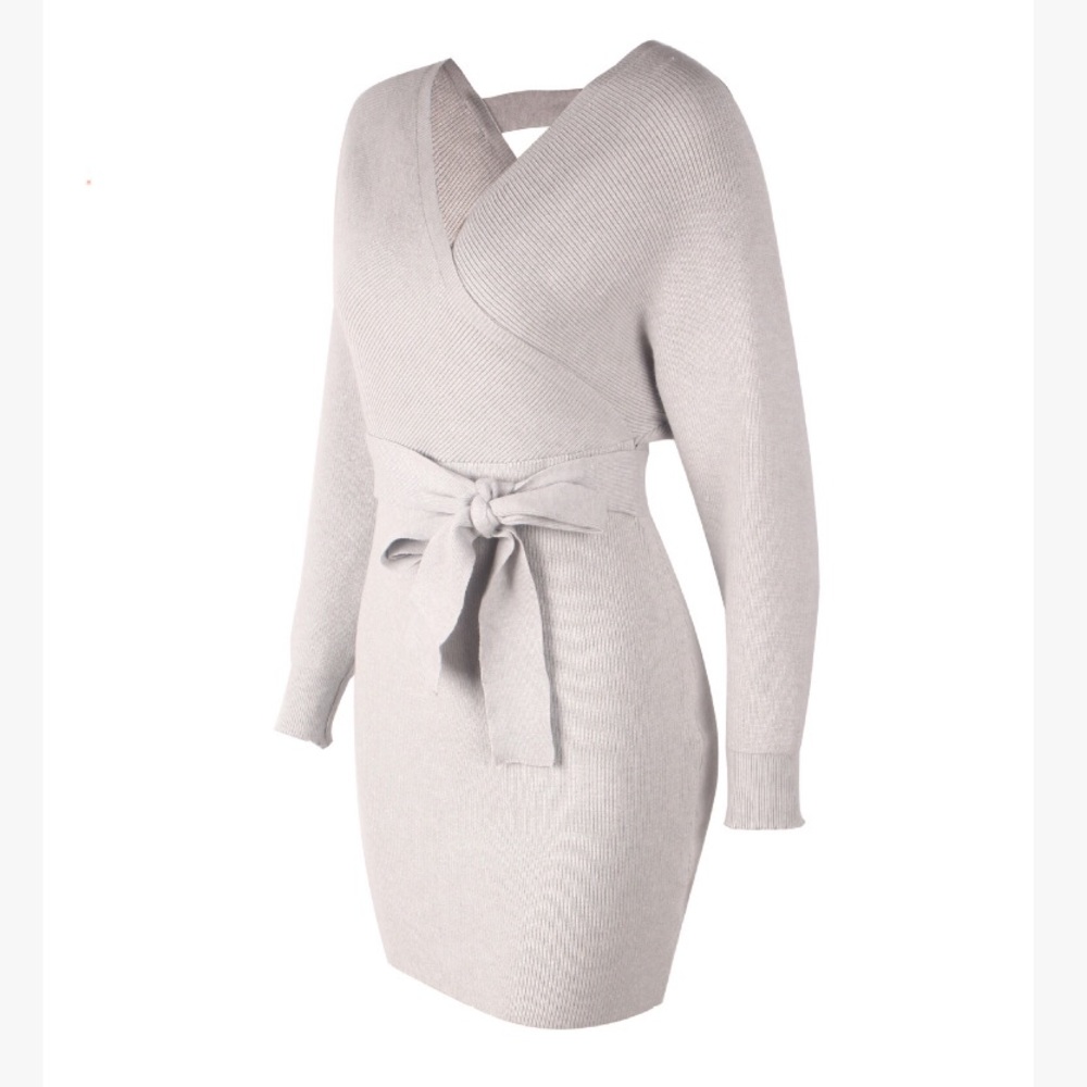🔥🔥Sexy and Cozy Grey V Neck Sweater Dress - Picture 5 of 8